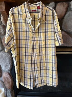 Izod Luxury Sport Yellow and Blue Plaid Short-Sleeve Button-Down Shirt, Size XXL